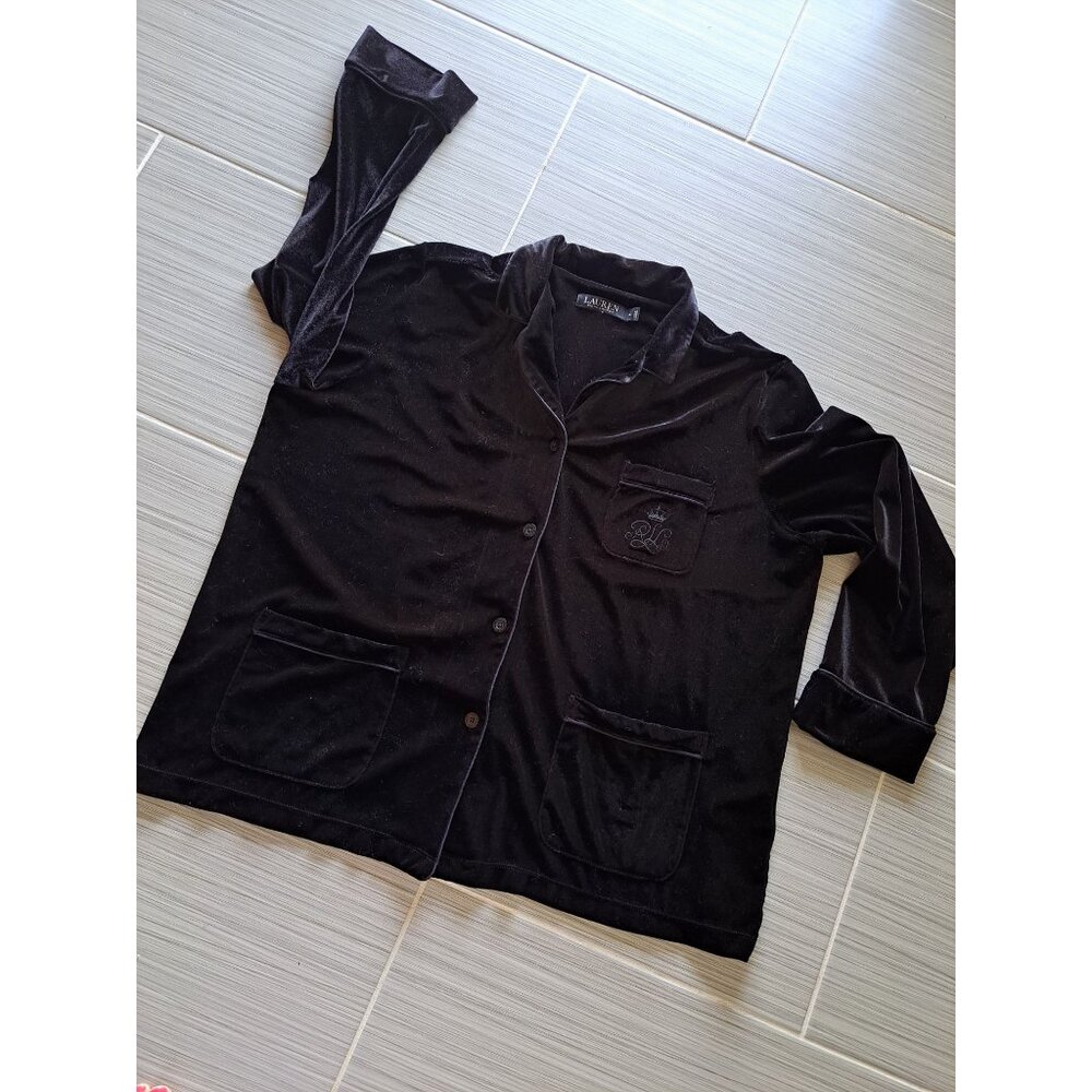 Lauren Ralph Lauren Black Velvet Button-Front Pajama Top XL Embroidered Pockets - Picture 6 of 12